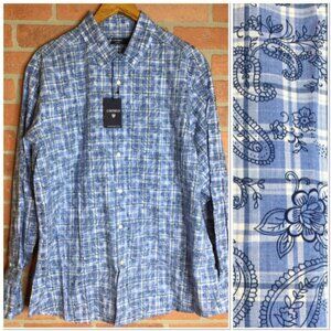 Cremieux Mens Button Front Shirt Blue Plaid Paisley Size XL Classic Preppy
